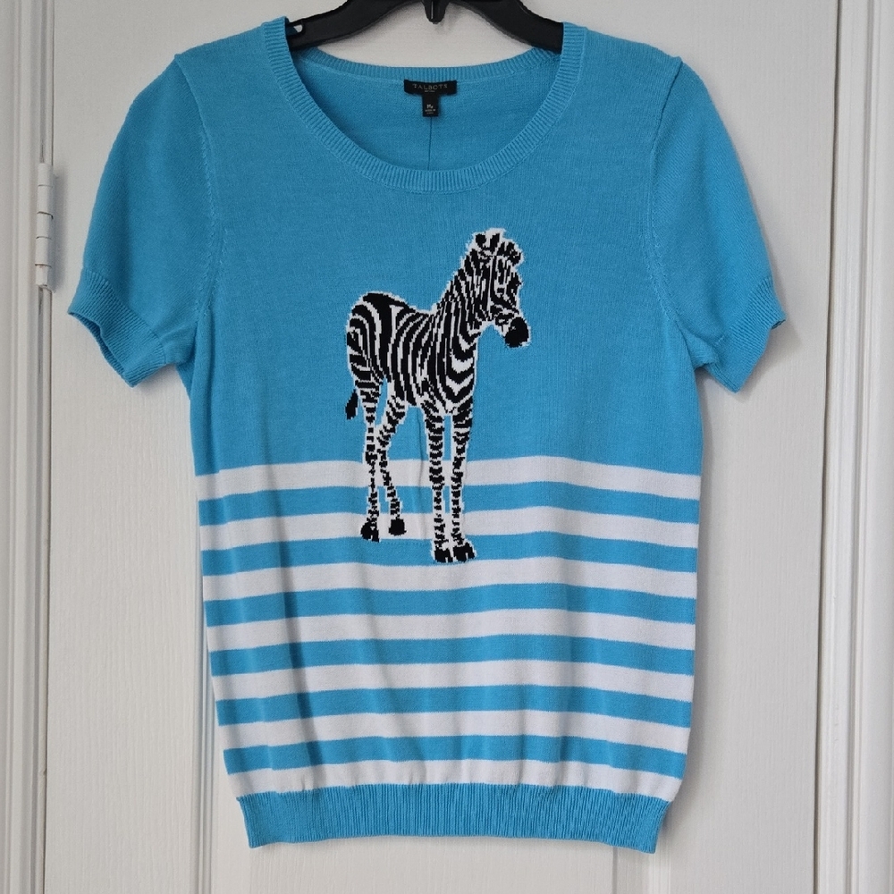 Talbots Zebra Blue Short Sleeve Sweater - Size M Petite - Nwt